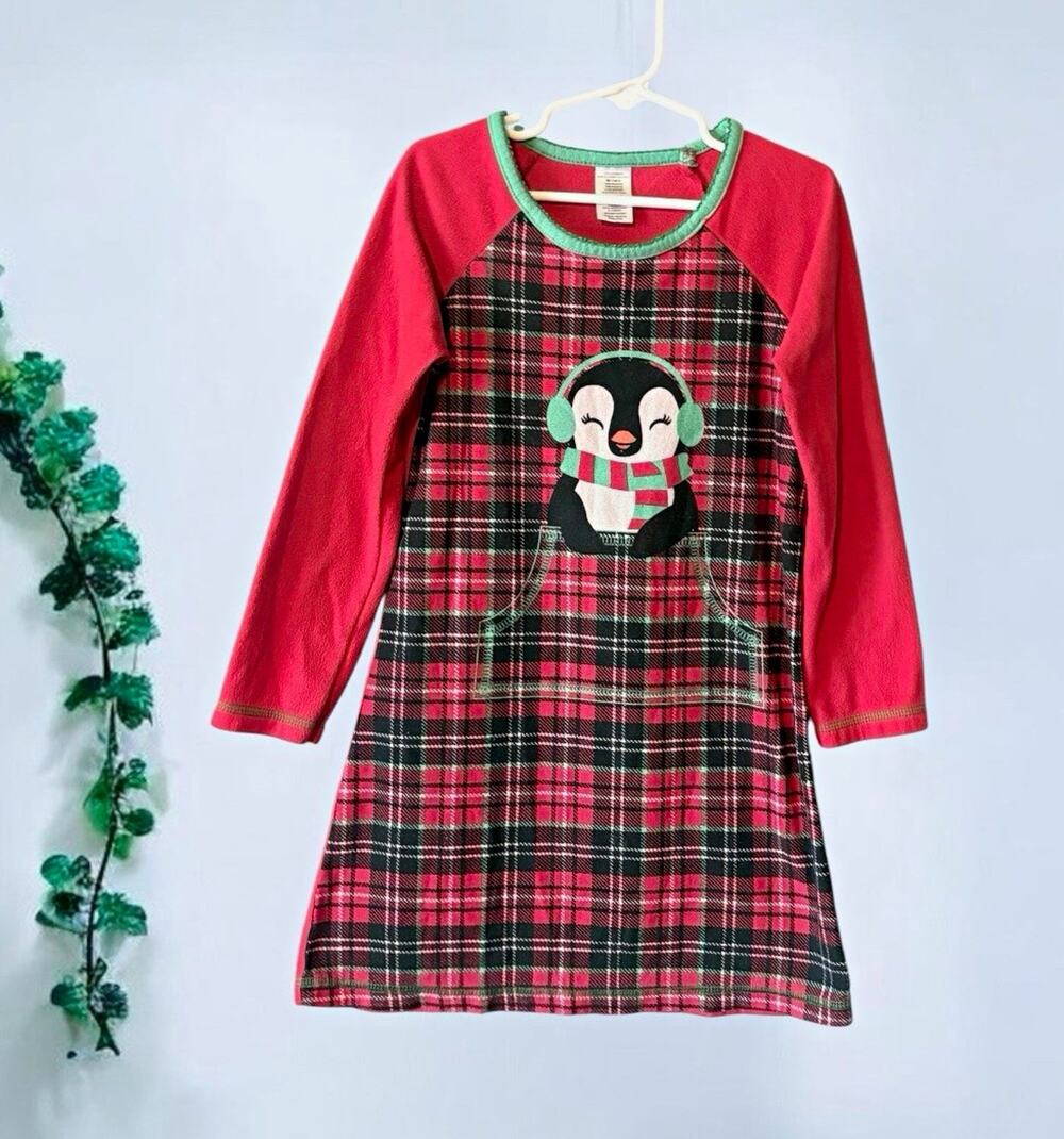 Girls Red Plaid Penguin Fleece Long Sleeve Nightgown Size 6/6X Pullover